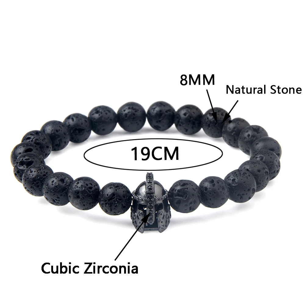 Natürliche Stein Schwarz Lava Perlen Armband Spartan Krieger Gladiator Helm Mode Punk Stil Armbänder Für Frauen Männer Schmuck – Detail 1