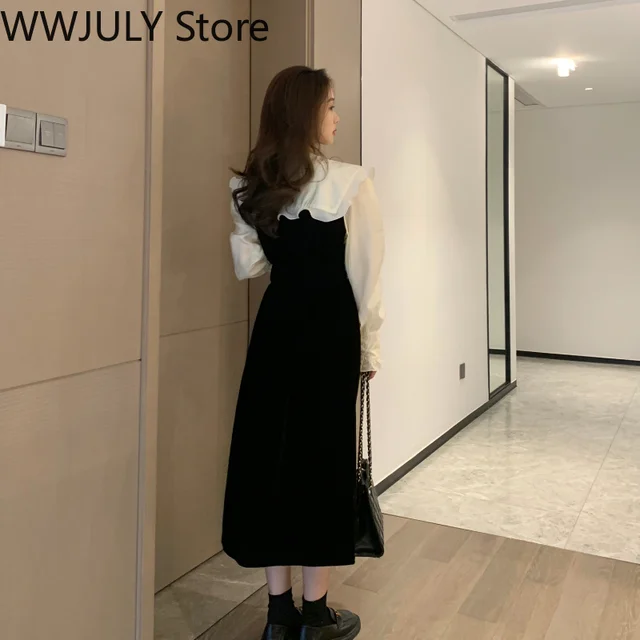 Winter Vintage Midi Dress Women Casual Velvet One Piece Dress Korean Fashion Long Sleeve Elegant Kawaii Dress Evening Party Dixiser