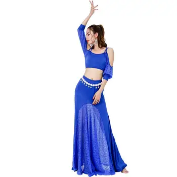

India Dance Set Top And Long Skirt Practice Clothes Wild Suit Performance Clothes Skirt Belly Dance Blue Black Costumes