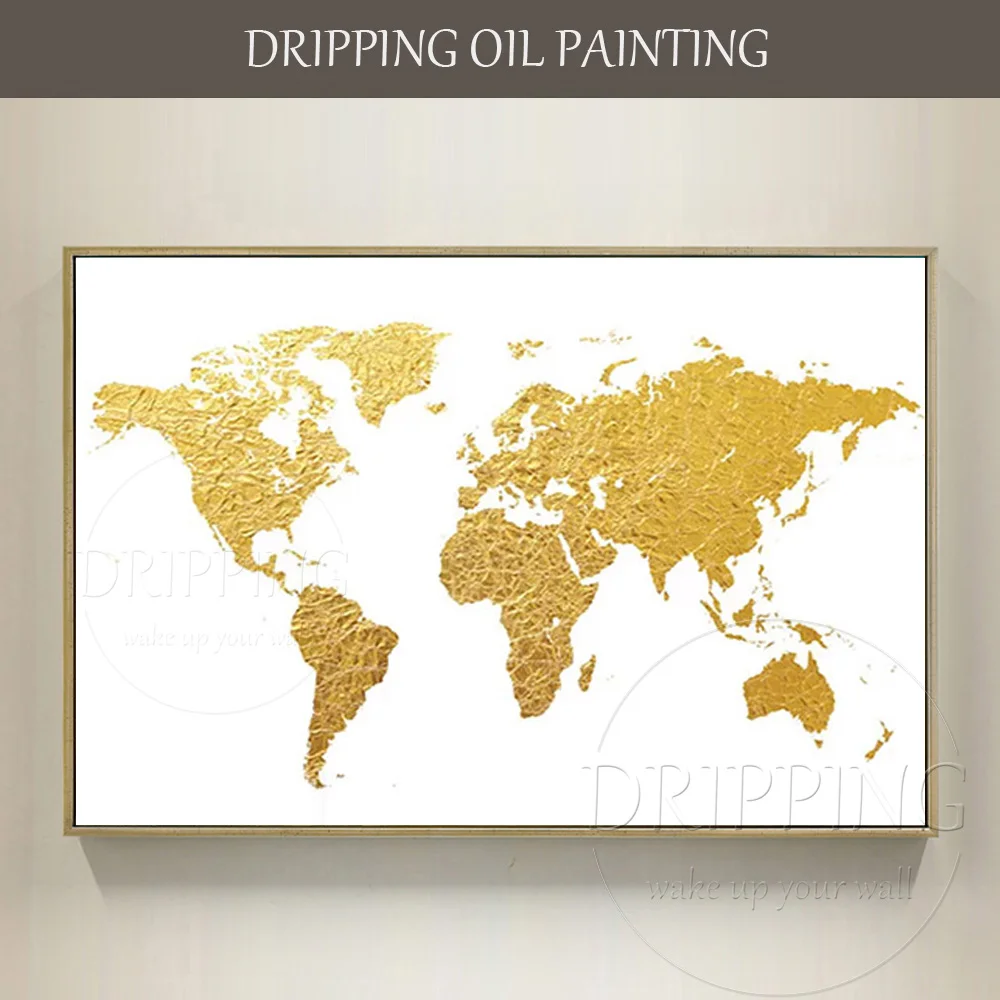 

Artist Pure Hand-painted High Quality Gold Foil World Map Oil Painting on Canvas Hand-painted Wall Art World Map Oil Painting