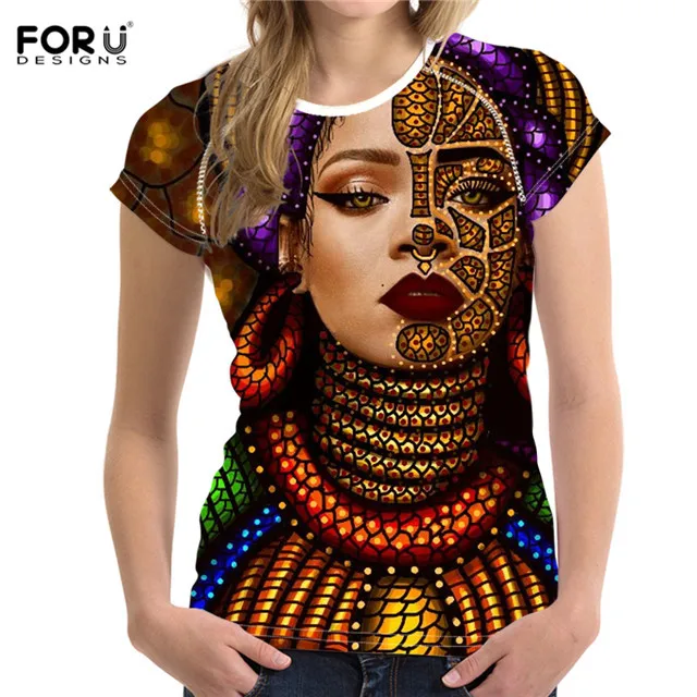 FORUDESIGNS/футболки для женщин красочные африканские queen Girl Face Art экзотические этнические стильные летние футболки для девочек повседневные футболки - Цвет: HK4190BV