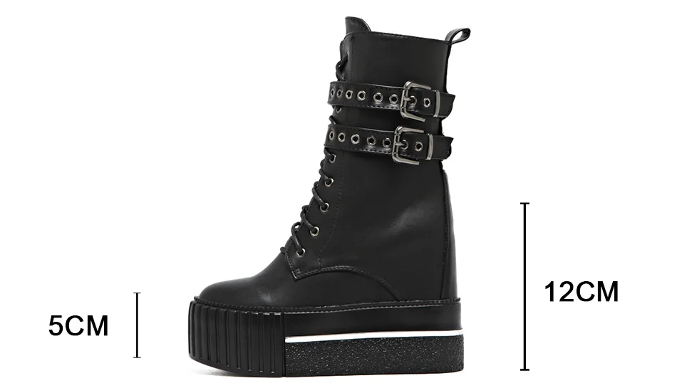 Gdgydh Round Toe Women Ankle Boots Autumn Platform Lacing Rivet Short Boots Female Soft Leather Boots Wedges 12cm Plus Size