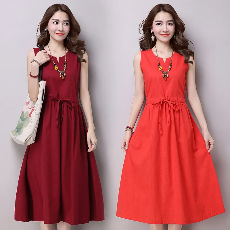 

Large Size Dress 2019 Summer Fat Mm New Style Korean-style Slimming Big Hemline Skirt Mid-length Cotton Linen Sleeveless Dress
