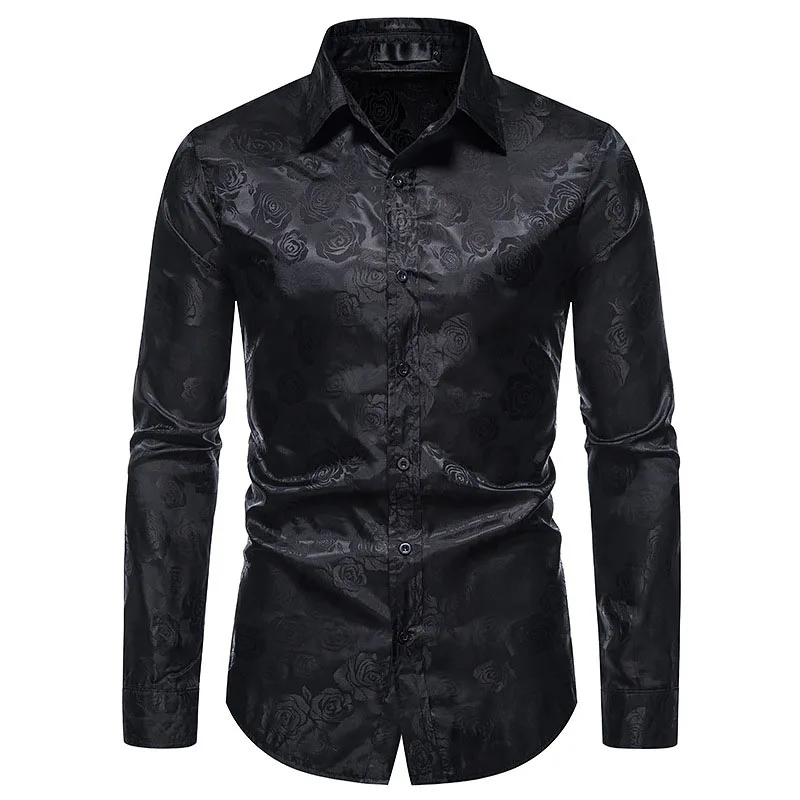 

Black Rose Floral Print Mens Dress Shirts 2021 Brand Slim Fit Long Sleeve Shirt Men Party Wedding Casual Prom Chemise Homme 2XL