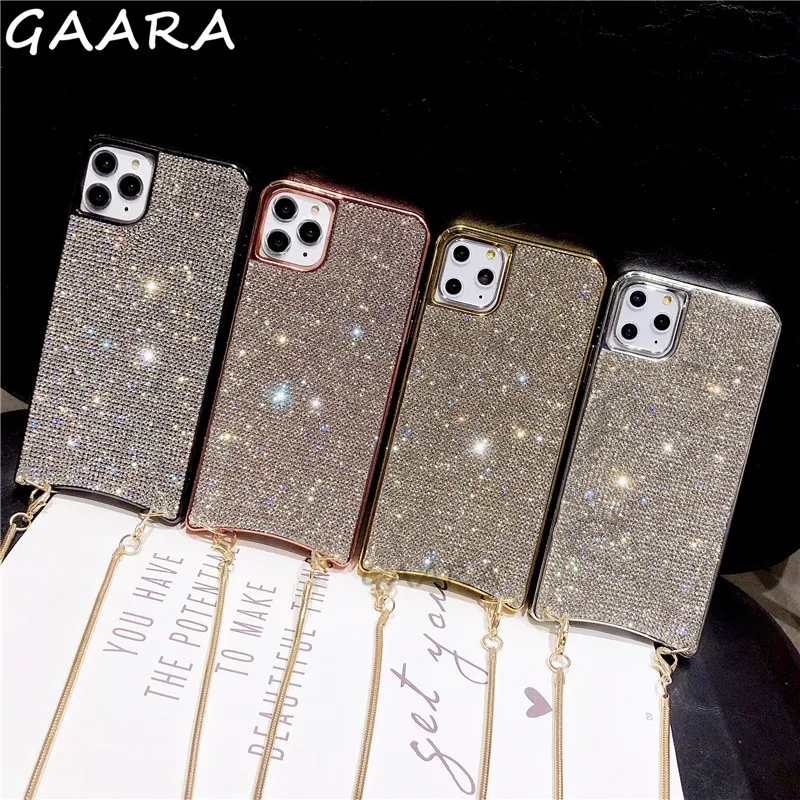 

Luxury Metal Necklace Case For iPhone 11 Pro XS Max XR XS X 7 8 6 6S Plus Crossbody Plating Lanyard Strap Soft TPU Diamond Cover