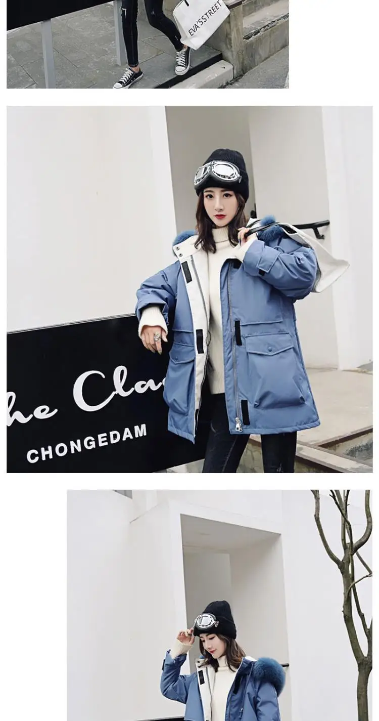 Новинка, женский пуховик из Южной Кореи Dongdaemun, средней длины, армейская рабочая одежда, большой меховой воротник, талия, облегающая