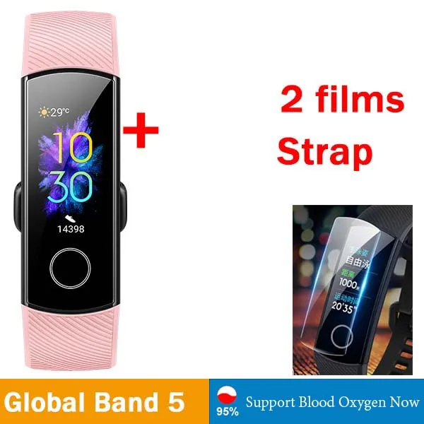 G pink n 2 films Умный Браслет huawei Honor Band 5, 0,95 дюймов, трекер, умный OLED, для плавания, водонепроницаемый, Bluetooth, фитнес-трекер, сенсорный экран - Цвет: G pink n 2 films