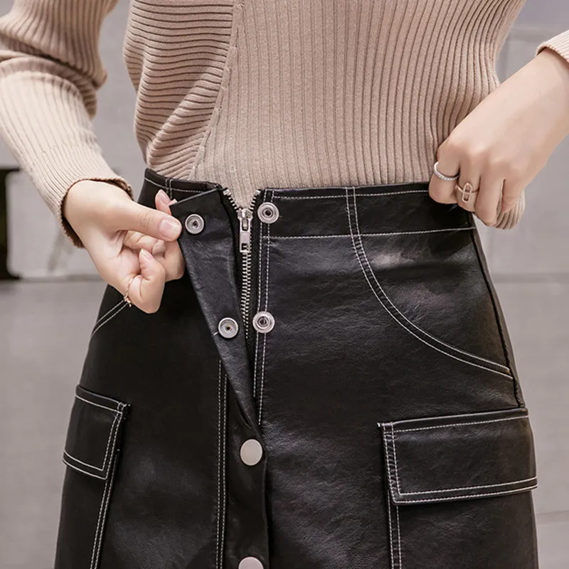 REALEFT Autumn Winter Button OL Pencil A-Line Mini Skirts High Waist Black PU Leather Sexy Wrap Skirts Pocket Female New