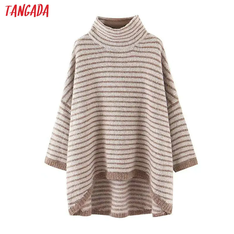 

Tangada Winter Women Striped Turtleneck Jumper Sweater Long Sleeve Asymmetric Pullover Stretch Female casual Soft knitted JNA44