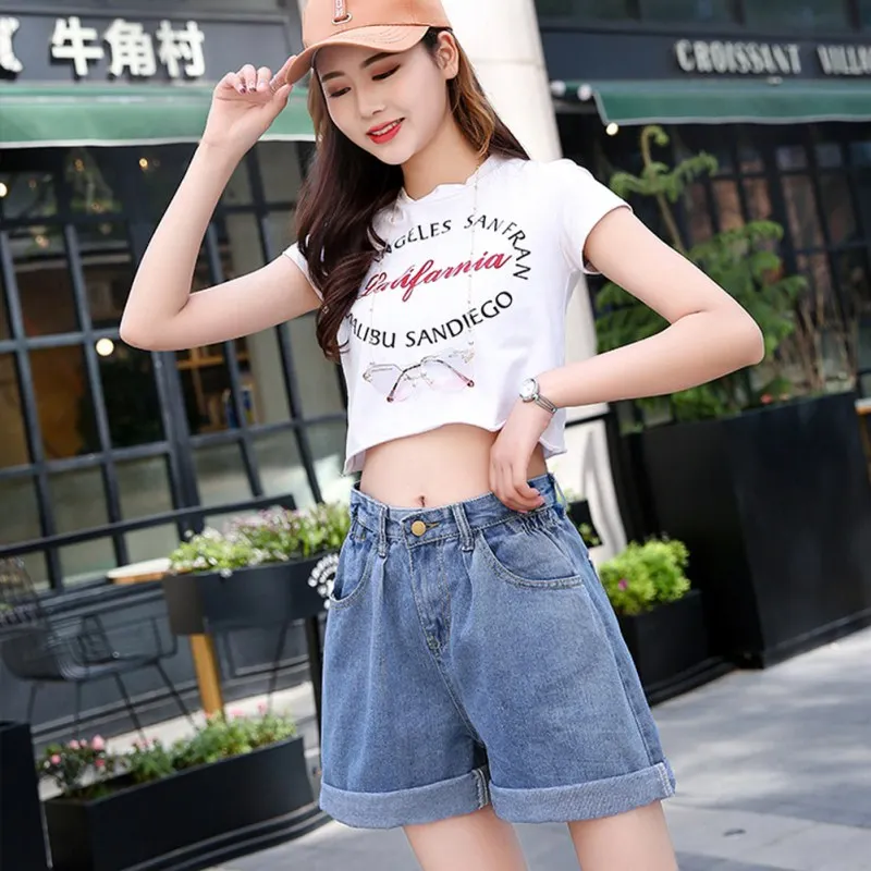 Корейский стиль высокая талия широкие джинсовые шорты для женщин 2019 новые женские джинсовые шорты летние уличные повседневные свободные