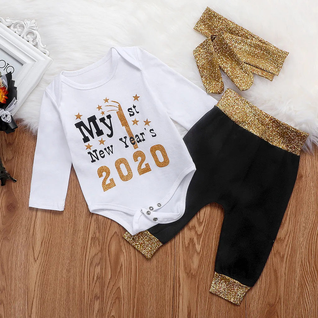 Коллекция года, Одежда для новорожденных с надписью «my first new year» хлопковый комбинезон для маленьких девочек и мальчиков, комплект со штанами, bebê