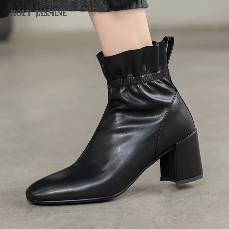 Womens Winter Fashion 2019 Women Boots Martin Short Ankle Booties Square Toe Thick High Heels Chelsea Botas Snow Shoes | Обувь