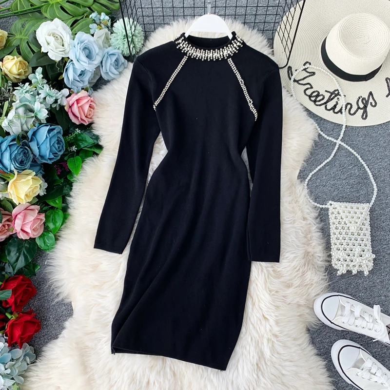 

Small Fragrance Bodycon Dress Female 2019 Autumn Winter New Bead Knitted Dress Woman Sexy Night Dresses Long Sleeve Turtleneck