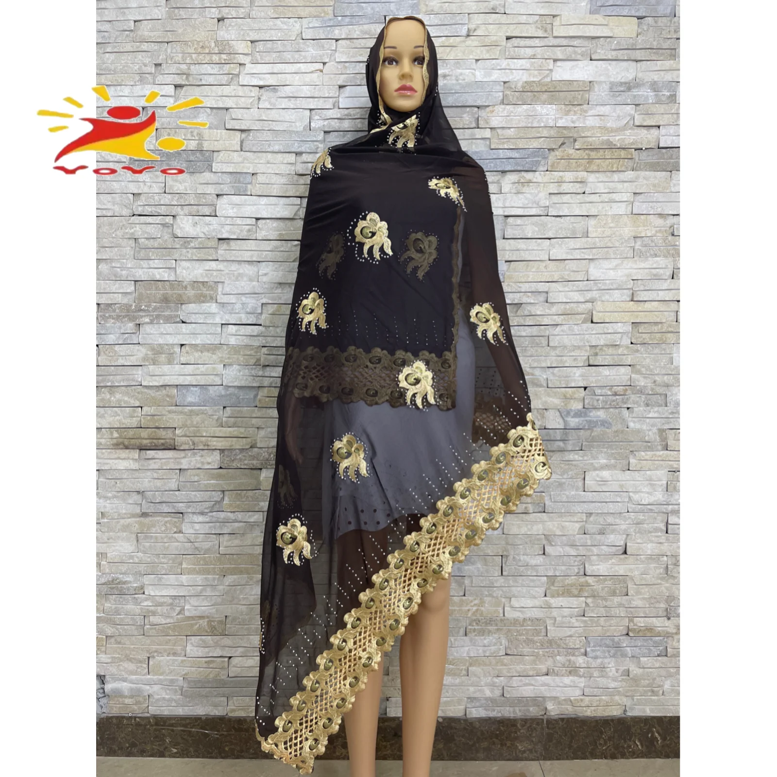 African Women Chiffon Scarf Embroidery Muslim Women Hijab Chiffon Splicing Design