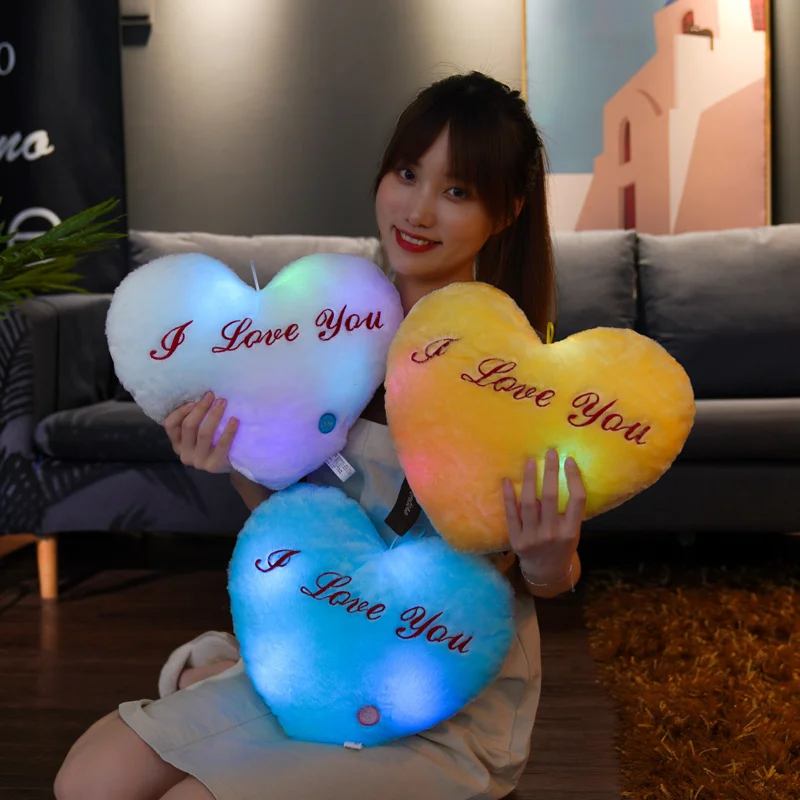 Plush Toys 1pc 35CM Glowing Heart Shaped Plush Pillow Stuffed Decorate I LOVE U Colorful Luminous Toy Kids Companion Present Lovers Gift
