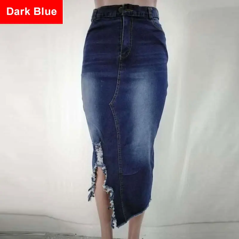 Dark Blue Облегающие джинсовые юбки размера плюс с высокой талией и бахромой, 4XL 5XL, женская уличная юбка макси с дырками, джинсовая юбка - Цвет: Dark Blue