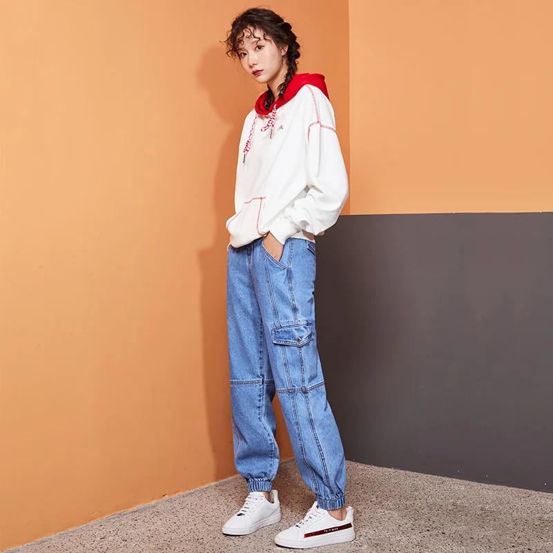Женские эластичные джинсы LEIJIJEANS, свободные спортивные брюки-капри, новая стильная модель большого размера с высокой посадкой - Цвет: blue 9125