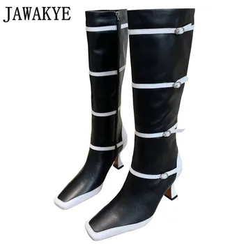 

Belted Buckle Designer Knee High Long Boots Women Black white Color Blocking Formal Dress Shoes Square Toe Kitten Heel boots