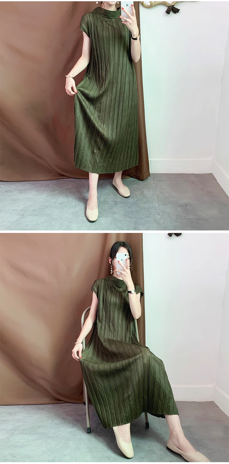 Miyake Плиссированное прямое женское платье офисное женское однотонное платье до щиколотки с круглым вырезом Элегантные Новые Модные Повседневные платья больших размеров Новые