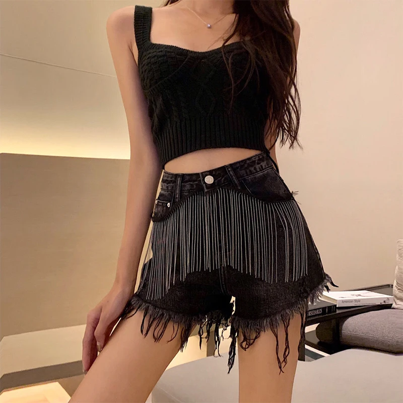 2021 Women Hong Kong Flavor Tassels Student Loose High Waist Show Thin All match Denim Shorts