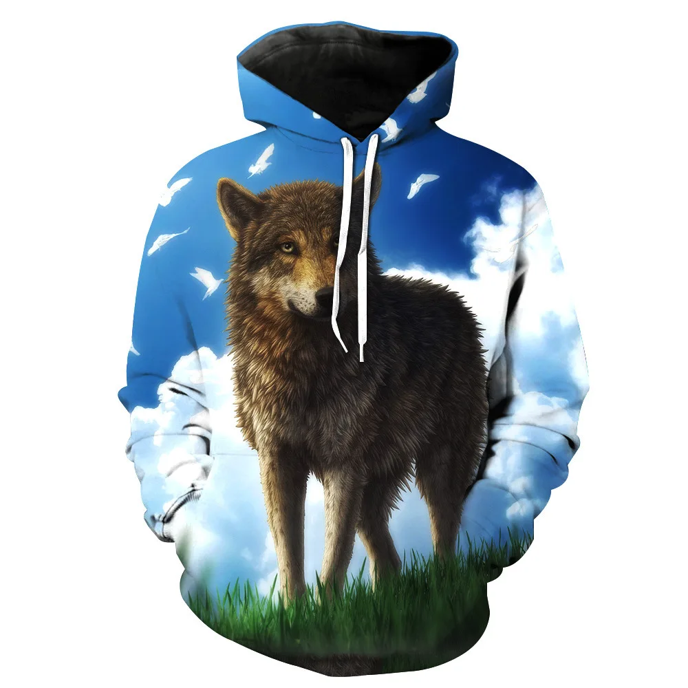 New wolf print hooded pocket pullover men's tide clothing Sweatshirts |