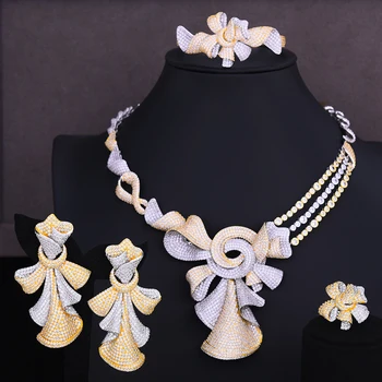 

LARRAURI Luxury Statement Jewelry Set CZ Big Flower Collar Necklace Dangle Earrings Bangle Ring for Women Wedding Jewelry Sets
