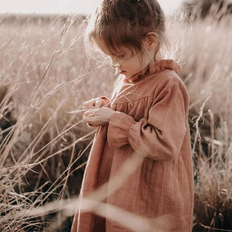 Красивые платья с длинными рукавами для маленьких девочек; высококачественное детское платье из хлопка и крепа с высоким воротником; милое детское платье в Корейском стиле