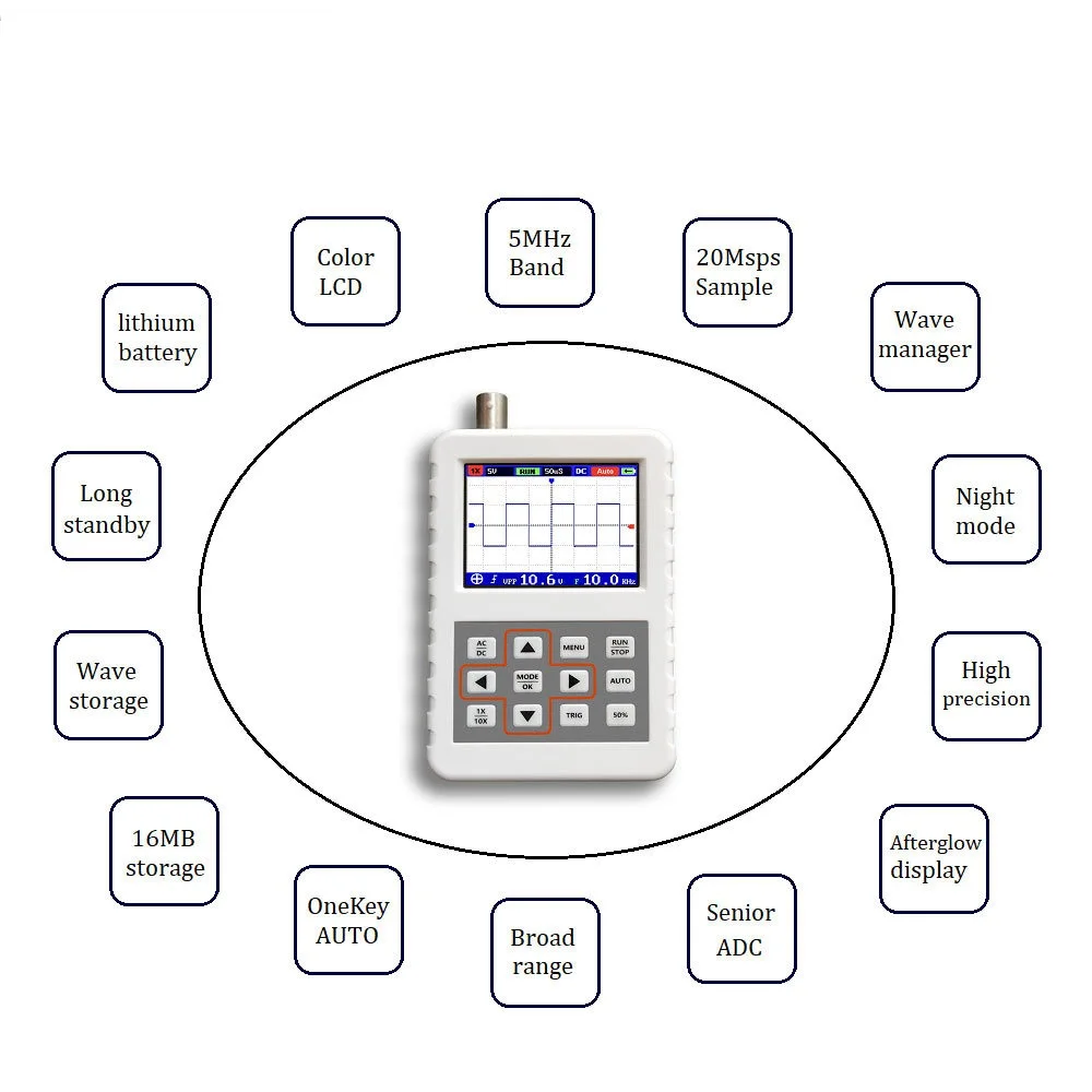 

Portable Mini Digital Oscilloscope LCD Handheld Waveform Storage Oscilloscope 5MHz Analog Bandwidth 20MS/s Sampling Rate