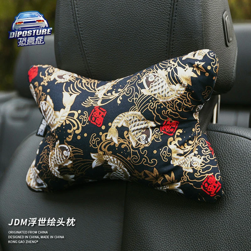 Car Pillow JDM Japanese Ukiyo-e Car Seat Head Neck Rest Pillow Car Cover Vehicular Pillow Seat Headrest Accessories 1pcs