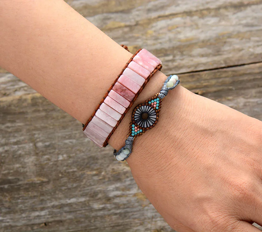 Women Bracelet Jewelry Natural Pink Opal Stone Tube Beads Leather Wrap Bracelet Girlfriend Gifts