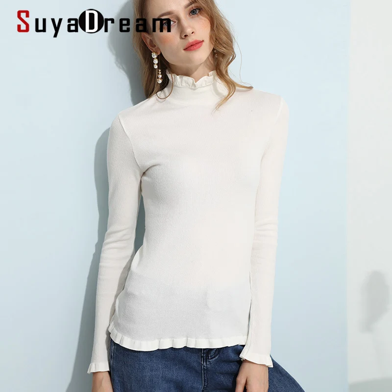 

SuyaDream Woman White Black Sweaters Silk and Modal Turtlneck Buffles Pullovers 2020 Fall Winter Solid Basic Shirts