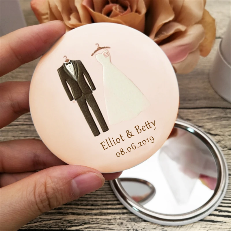 50x Custom Pocket Mirror Personalized Wedding Favor Button Badge Makeup Mirror Baby Shower Party Favor Christening Baptism Gift