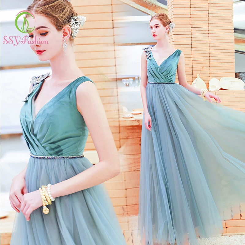 SSYfashion/длинное зеленое бархатное вечернее платье с кристаллами и v-образным вырезом, без рукавов, со шнуровкой сзади