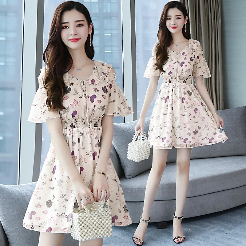 

Korean version of the temperament 20 summer new lotus leaf printing off-shoulder short-sleeved chiffon dress mini dress clothes