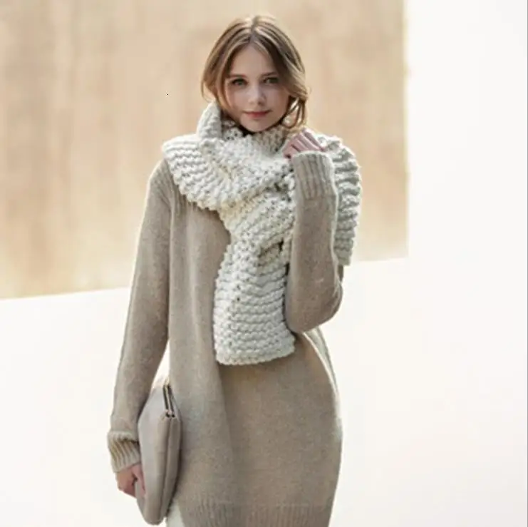 Зимний однотонный вязаный шарф, женские теплые длинные шарфы, элегантные толстые шерстяные шарфы и палантины, модная Универсальная Женская шаль - Цвет: White