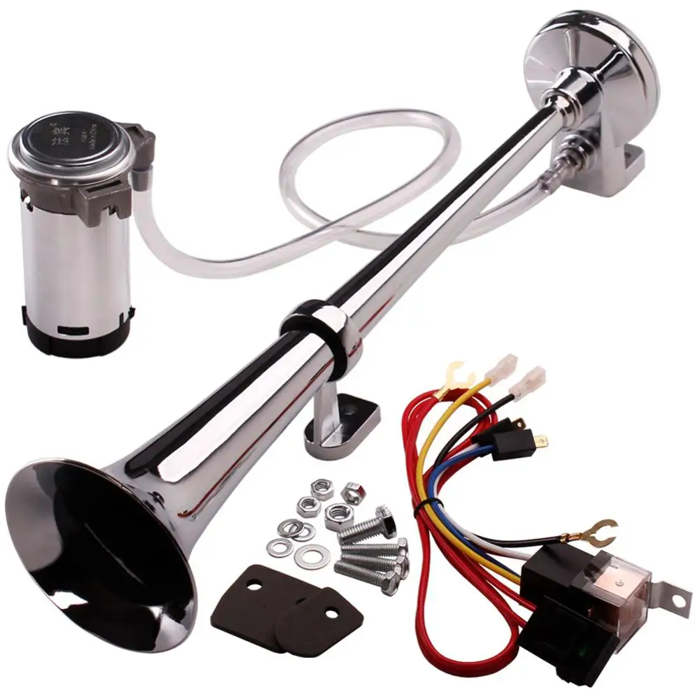 

FARBIN 12V/24V 150db Air Horn kit Super Loud 18 Inches Chrome Zinc Single Trumpet Air Horn with Compressor for Any Vehicles