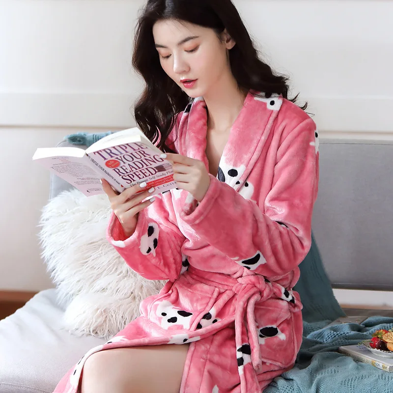 floral pink Цветочные фланелевые халаты коралловый флис зимние женские Теплые длинный рукав туалетный супер длинный банный халат женский кимоно халат ночная рубашка - Цвет: floral pink