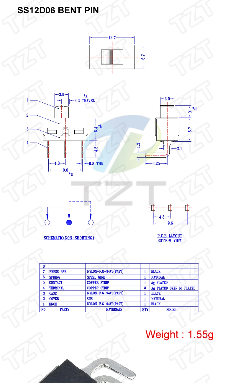 TZT 10/30PCS SS12D10 SS12D06 Kippschalter 3Pins Gerade Füße Griff Hohe 5mm Abstand Von 4,7mm 3A 250V SS12D10 Netzschalter – Detail 4