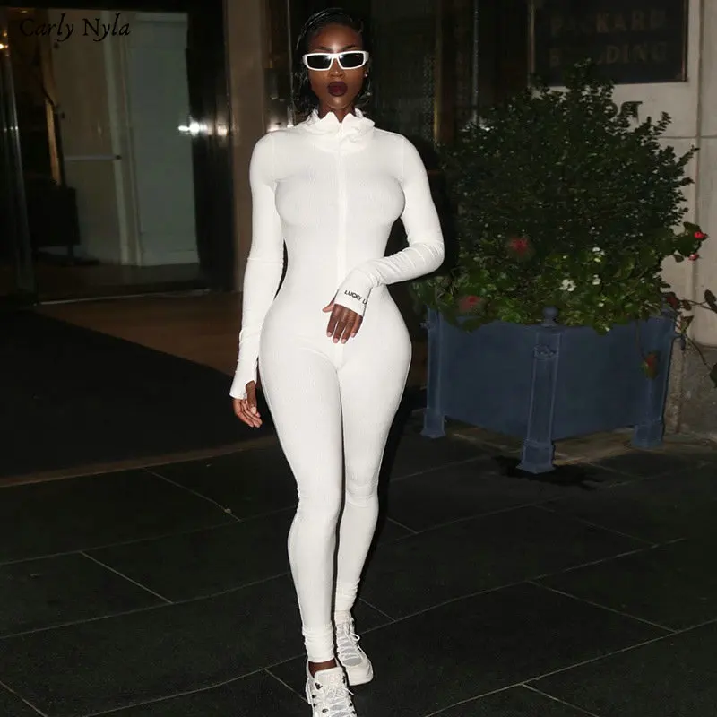 Carly Nyla solid color female push up fitness jumpsuits 2020 autumn winter women rompers full sleeve zipper turtleneck bodysuit | Женская