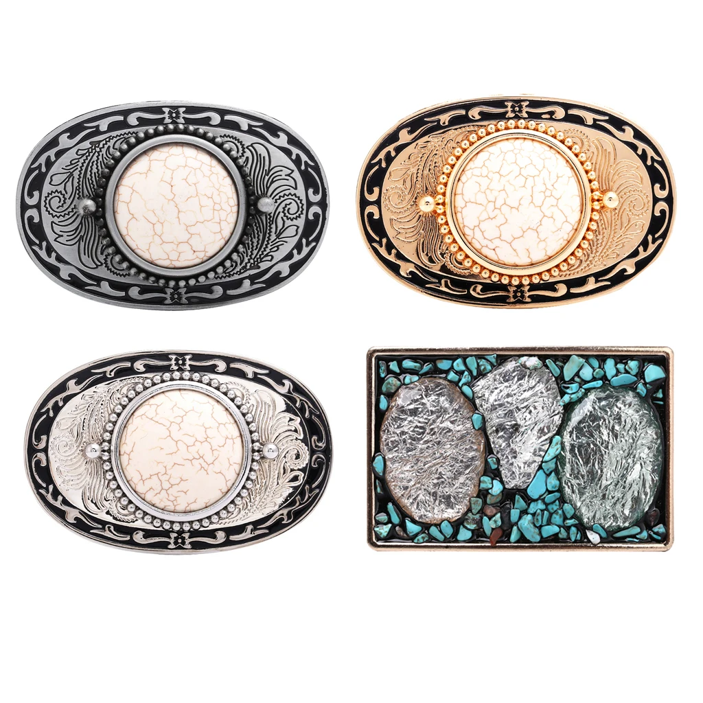 Western Belt Buckle Replacement - Inlaid Gemstone & Turquoise - Novelty Cowboy Belt Buckle, Oval / Square