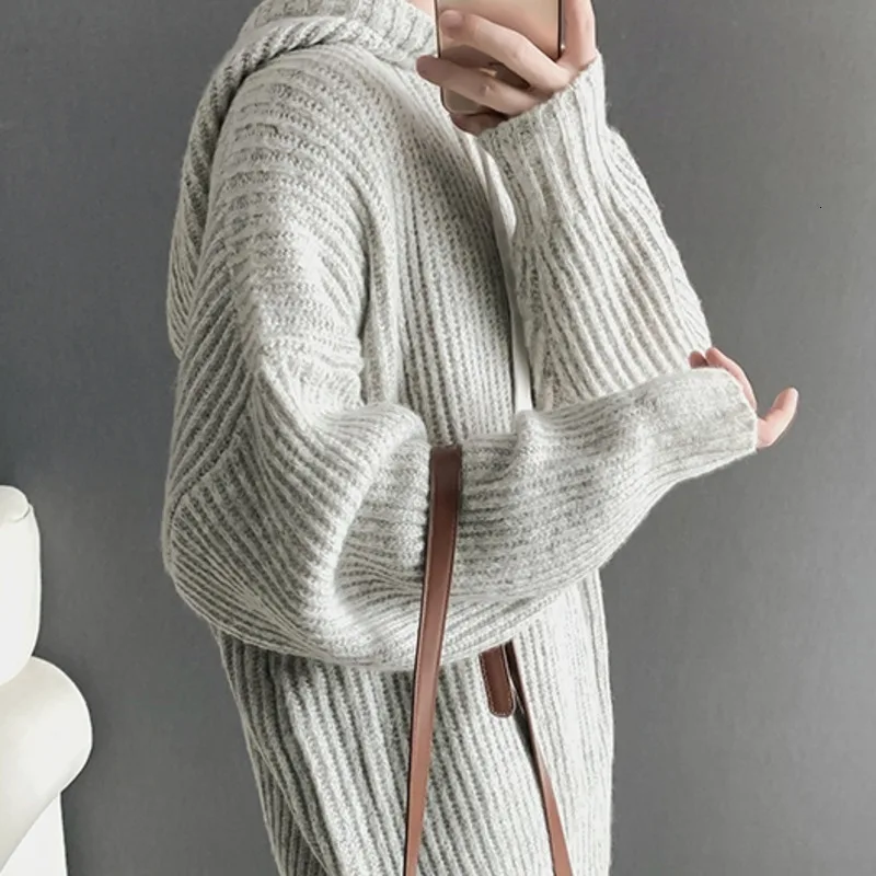 Зимний свитер с капюшоном мужской теплый однотонный Повседневный вязаный