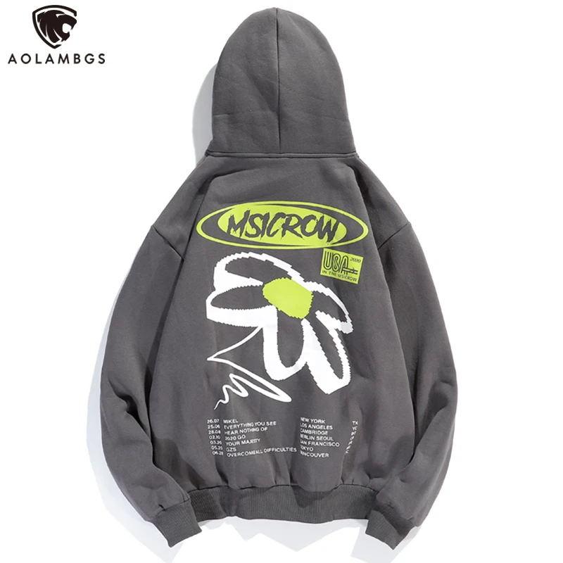 

Aolamegs Fleece Hoodies Men Autumn Harajuku Sweatshirt Couple Oversize Hip Hop Hooded Pullover Flower Print All-match Streetwear