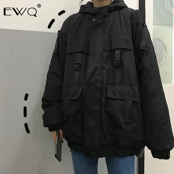 

EWQ / 2020 New Fashion Winter Jacket Man Hooded Collar Black Loose Casual Men's Coat Tide Hip Pop Solid High Street Male 9A468