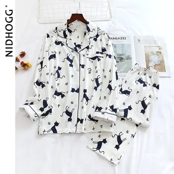 

Women's Cotton Long-Sleeved Pajamas Thin Cotton Knitting Two Piece Set Turn-down Collar Cartoon Pijamas Women Lounge Sleepwear