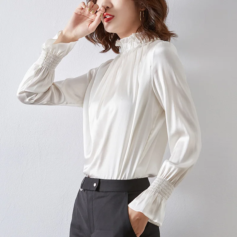 

Fall Women Long Sleeved Vintage Palace Princess Real Silk Shirts Ruffles Collar Pure Color Elegant Luxury Shirts and Blouses