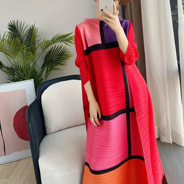DEAT Women Maxi Pleated Dress Over Size Hit Color Stand Collar Seven Sleeve Loose Waist Casual Style 2021 New Autumn 15XF771 2