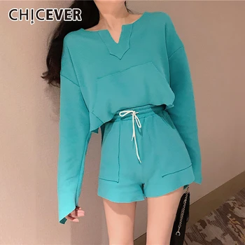 

CHICEVER Korean Two Piece Set Women O Neck Long Sleeve Sweatshirt Lace Up Bowknot Shorts Suits Female 2020 Fashion Clothes New