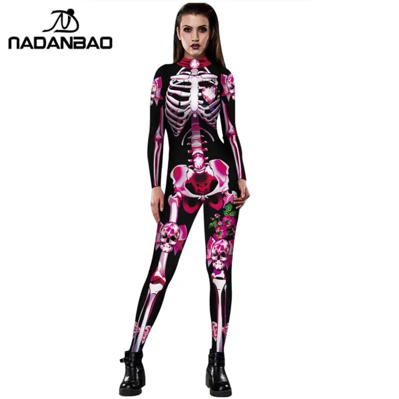 Rose Skeleton Costume Jumpsuit 3D Print Scary Halloween Costumes For Women Mechanical Skull Bodysuit