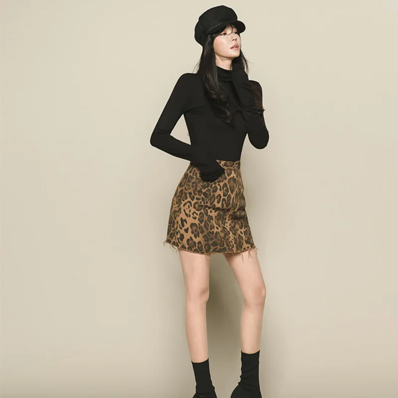 

2 piece set women autumn fashion high collar bare back Bottoming T-shirt + waist Leopard Print Skirt sexy two-piece suit