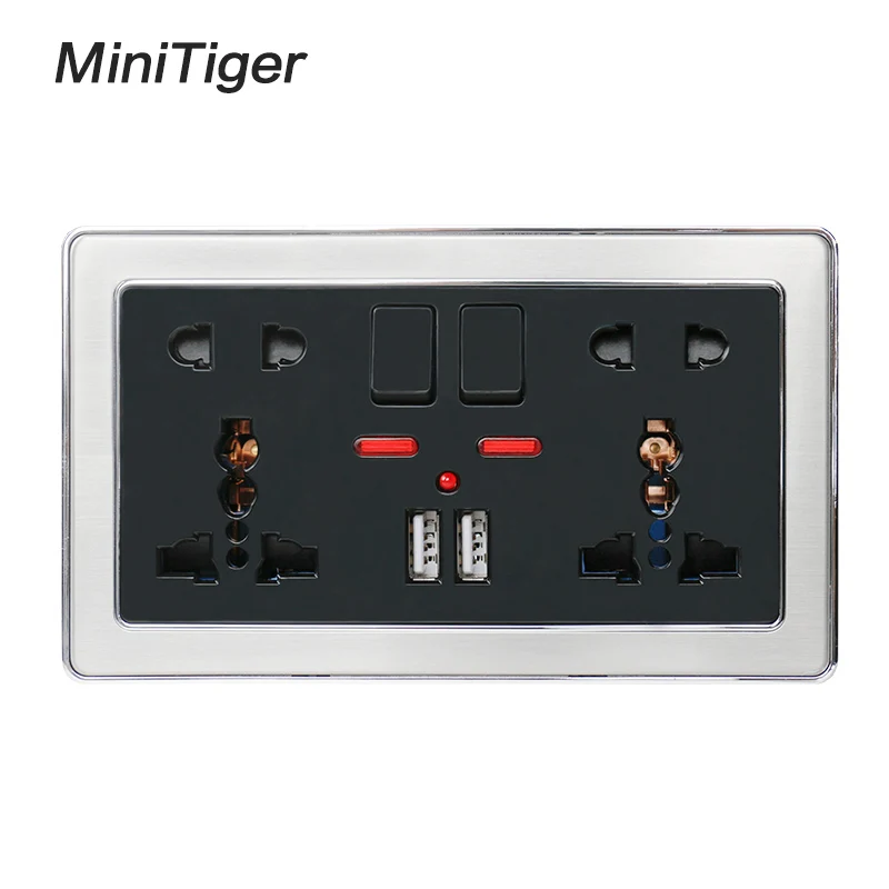 Black Socket Minitiger двойной Универсальный 5 отверстий переключаемый настенный разъем с неоновым 2.1A двойной USB зарядное устройство Порт из нержавеющей стали рамка черный выход - Тип: Black Socket